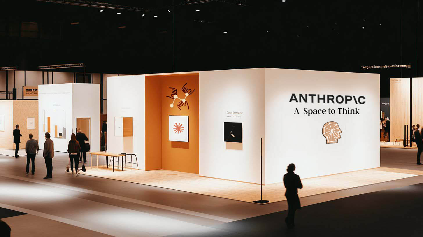 Corner view of the Anthropic booth — clean white walls with ANTHROPIC wordmark, gallery-style framed artwork, and a warm terracotta alcove creating a threshold moment